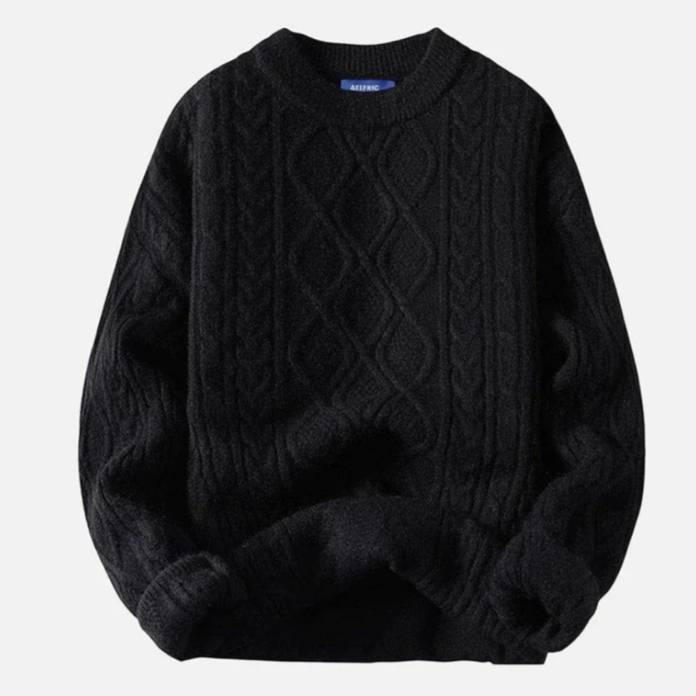 Aelfric Eden Crewneck Soft Black Cable Knit Sweater